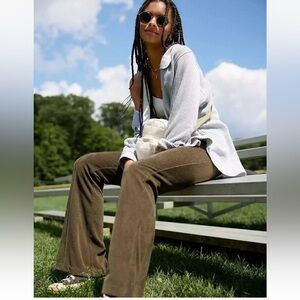 Aerie Groove On Rib Velour Flare Pant Olive Moss Green High Waist Size M